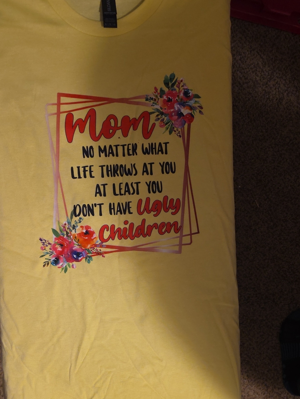 Gildan Yellow "Mom" Graphic Tee with Red Script & Floral Accents